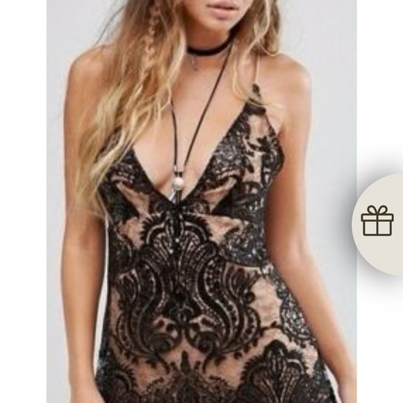 Free People Black Night Shimmer and Cream Backless Dress - Picture 2 of 9